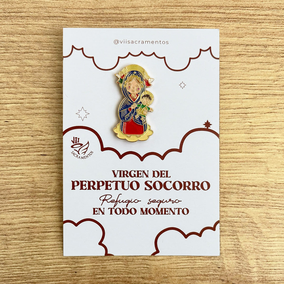 Our Lady of Perpetual Help Pin / Pin Virgen del Perpetuo Socorro enamel pin with kawaii illustration on presentation card — VII Sacramentos Catholic gifts from Colombia