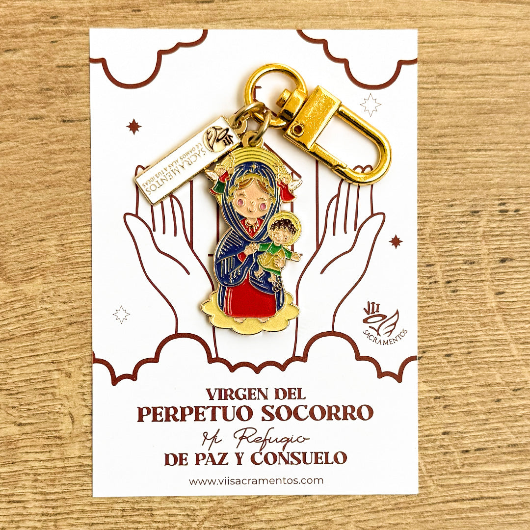 Virgen del Perpetuo Socorro enamel keychain charm with carabiner clasp on illustrated presentation card — VII Sacramentos Catholic gifts from Colombia