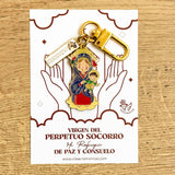 Virgen del Perpetuo Socorro enamel keychain charm with carabiner clasp on illustrated presentation card — VII Sacramentos Catholic gifts from Colombia