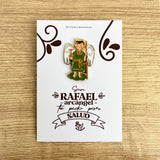Archangel Raphael enamel pin San Rafael Arcángel Catholic healing protection pin kawaii style VII Sacramentos handmade resin coated 3.2 cm devotional jewelry