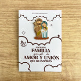 Holy Family enamel pin Sagrada Familia Catholic family pin kawaii style VII Sacramentos handmade resin coated 3.2 cm devotional jewelry