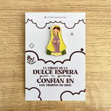 Our Lady of the Sweet Expectation enamel pin Virgen de la Dulce Espera Catholic maternity pin kawaii style VII Sacramentos handmade resin coated 3.2 cm devotional jewelry