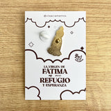 Back of Our Lady of Fatima metal pin showing double safety clasp — handcrafted Catholic pin by VII Sacramentos