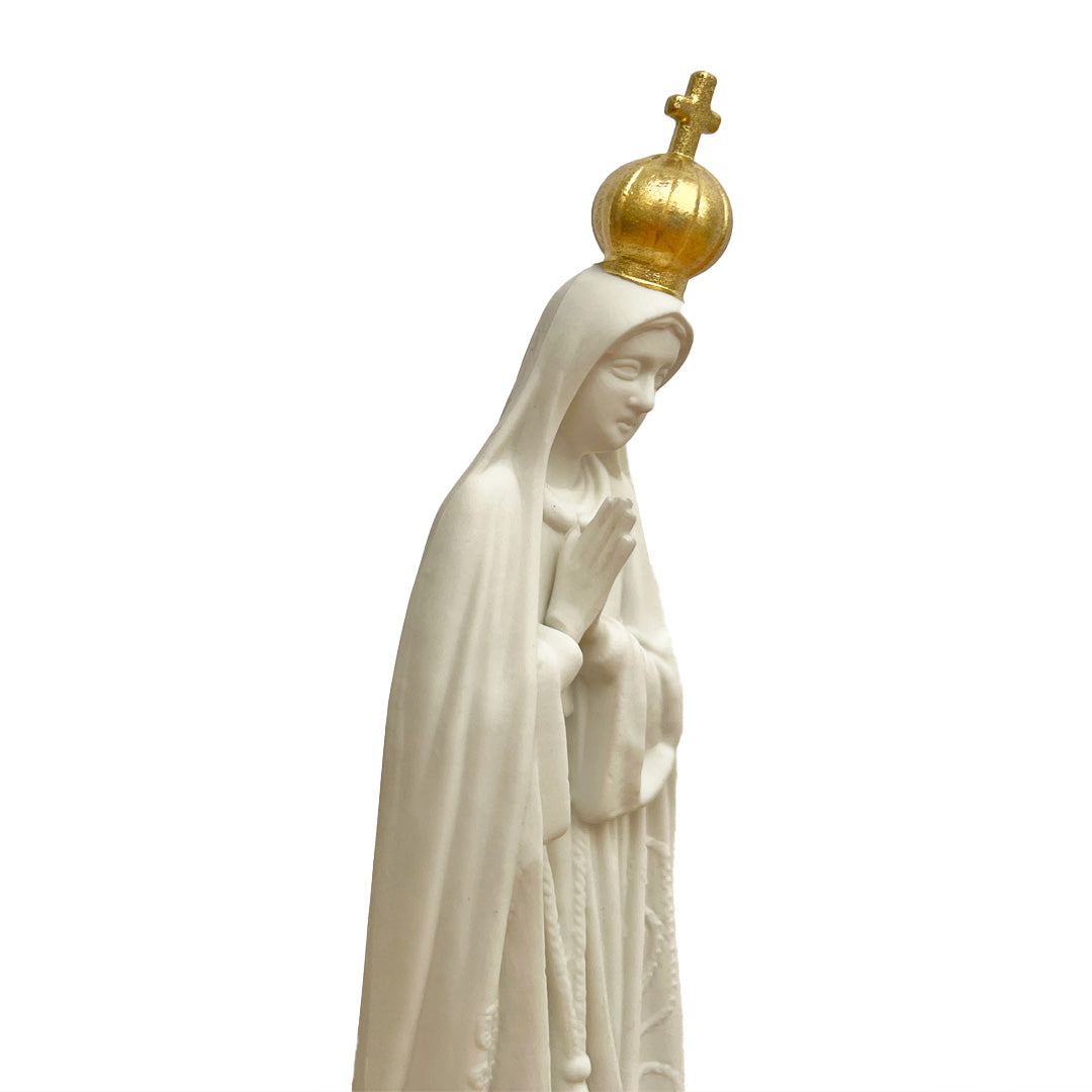 Our Lady of Fatima Unpainted Statue with Golden Crown and Wood-Style Base - 7” (18 cm)