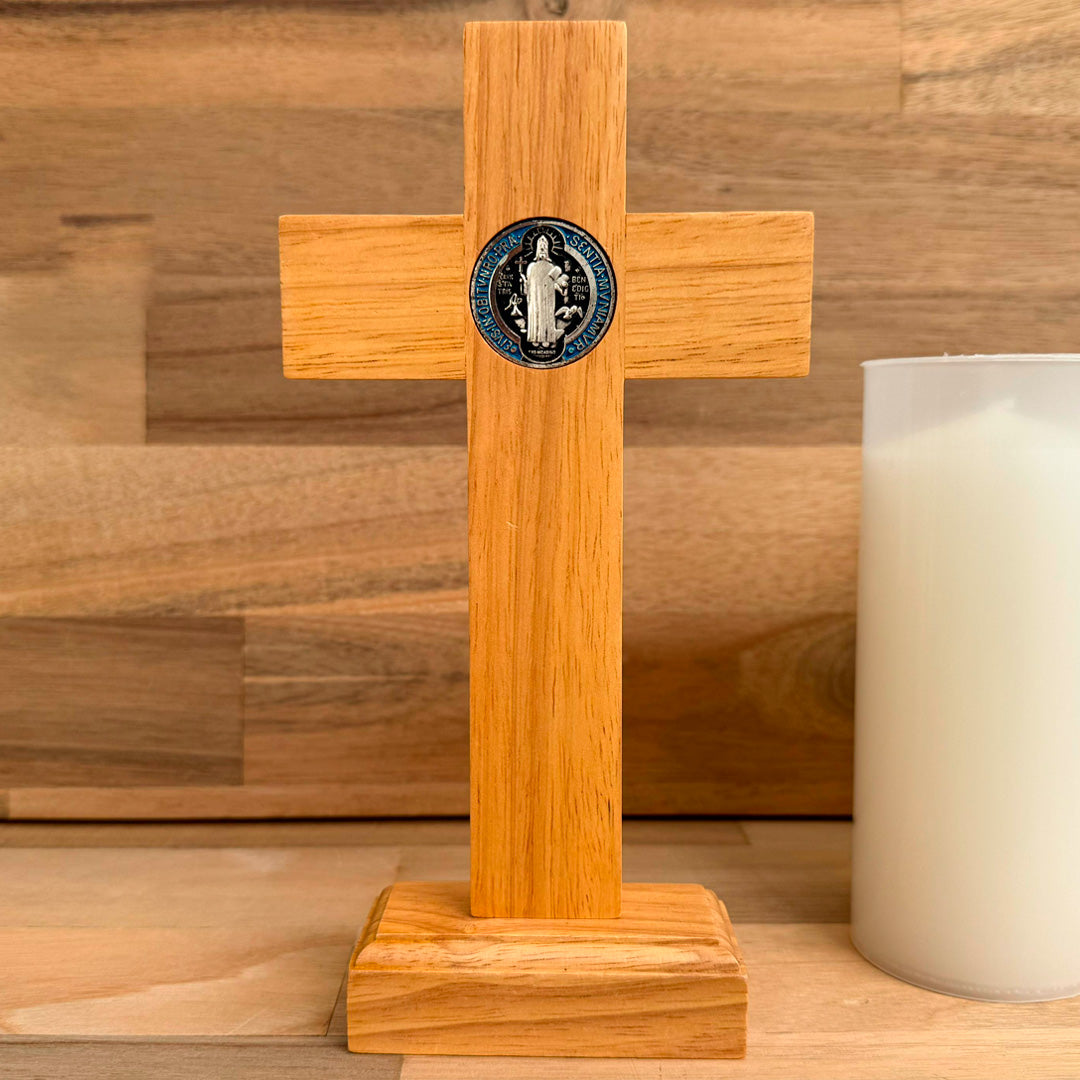 Crucifix with Saint Benedict Medal on Light Wood Base – 8.7" (22 cm)