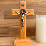 Crucifix with Saint Benedict Medal on Light Wood Base – 8.7" (22 cm)