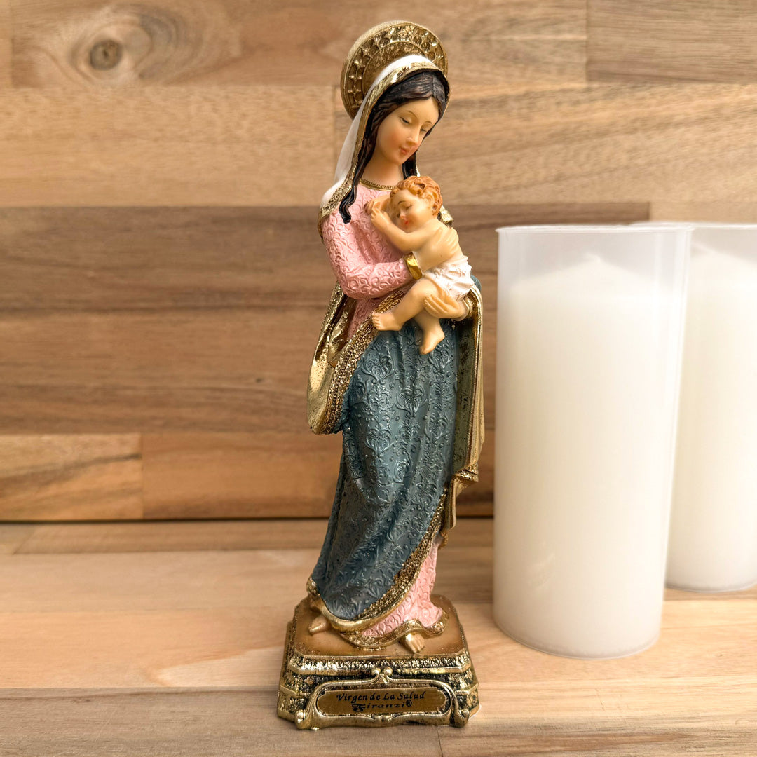 Our Lady of Health Statue with Wooden Base – 8 inches Gold