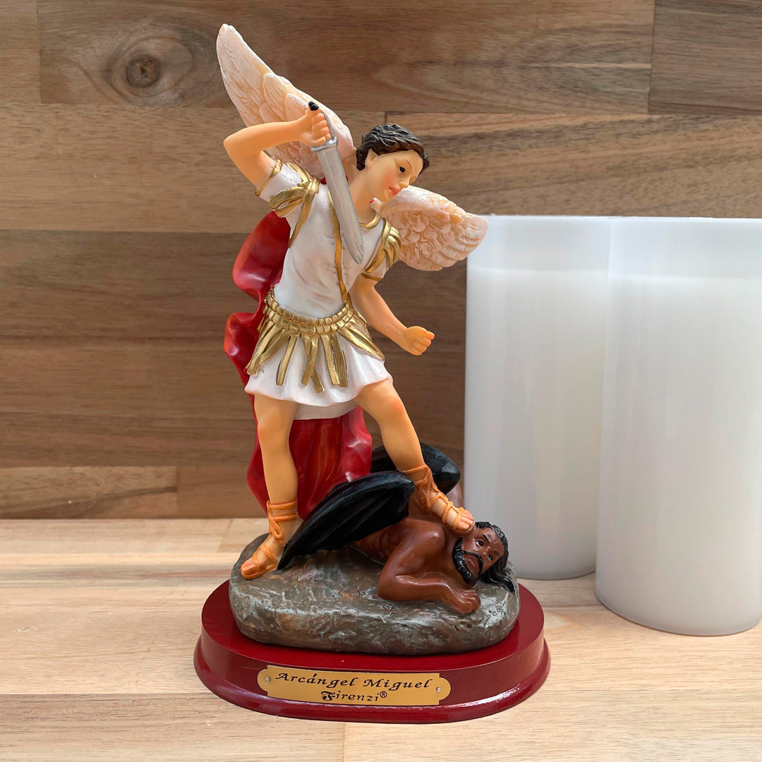 St. Michael the Archangel Statue with Wooden Base – 8 inches