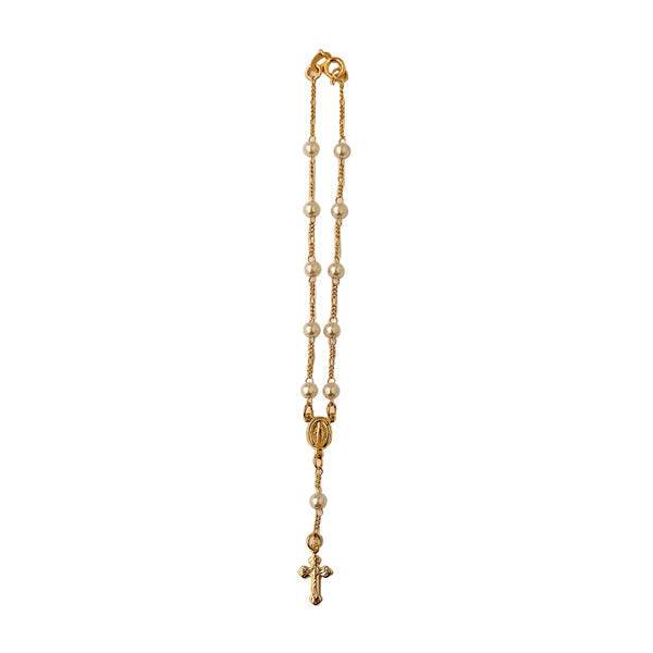 Golfi Gold-Plated Rosary Bracelet with White Glass Pearls