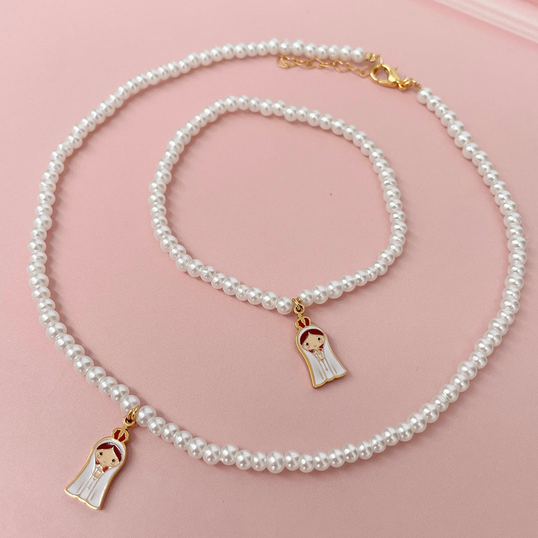 White Pearl Necklace and Bracelet Set with the Virgin Child Medal