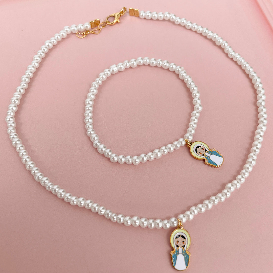 White Pearl Necklace and Bracelet Set with the Virgin Child Medal