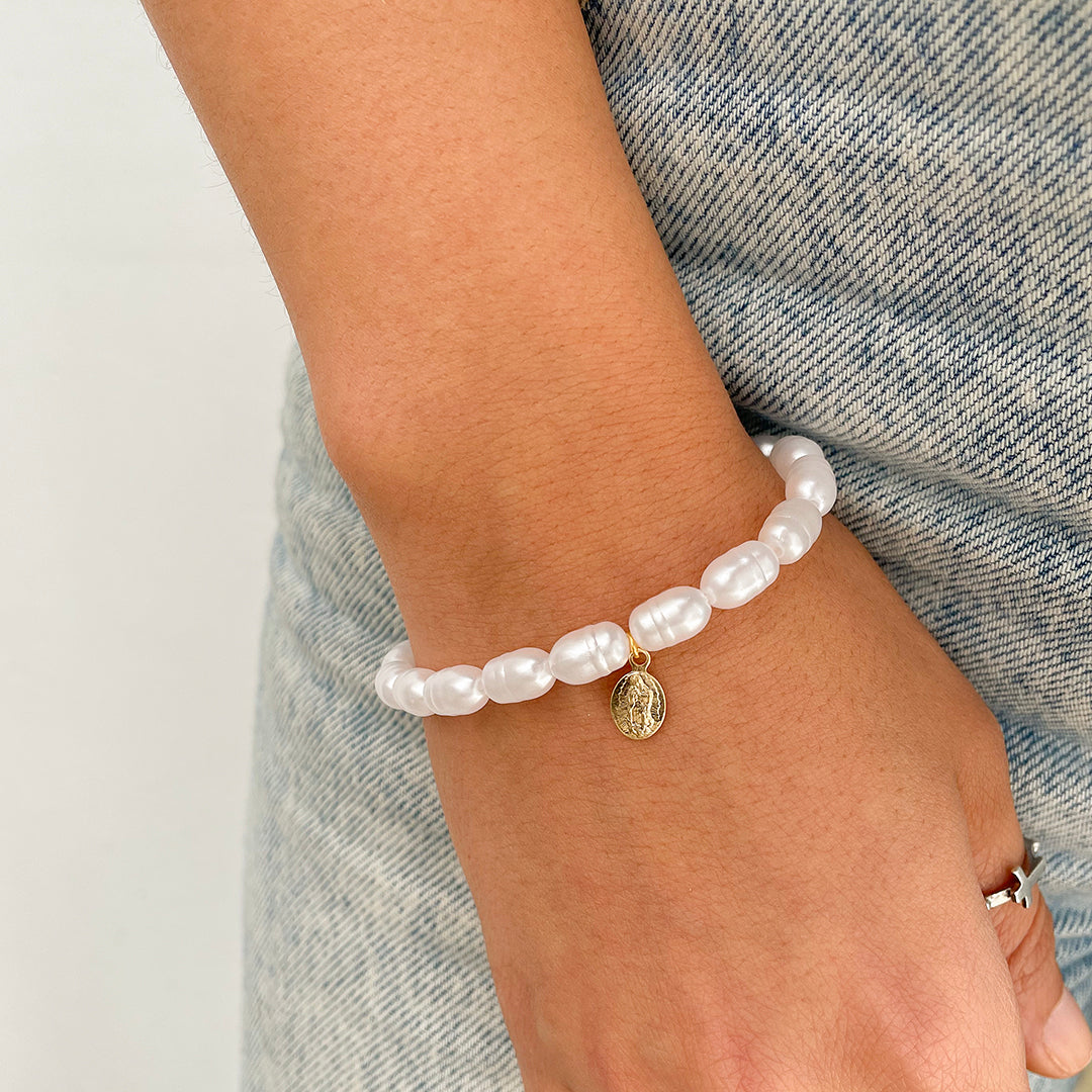 Imitation Freshwater Pearl Bracelet with Our Lady of Guadalupe Medal