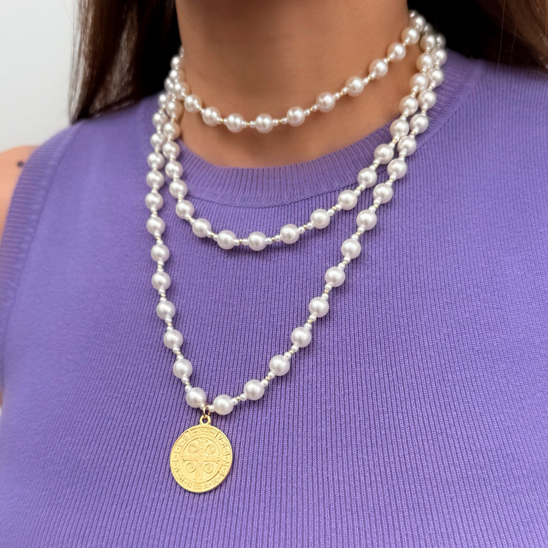 Glass Pearl Necklace with St. Benedict Medal - 27.5” (70 cm)