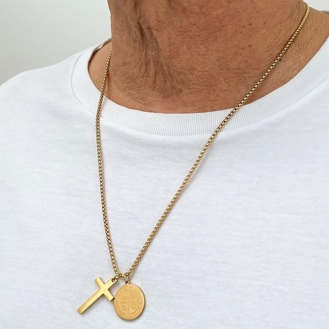 Gold-Plated Steel Chain with St. Benedict Medal and Cross