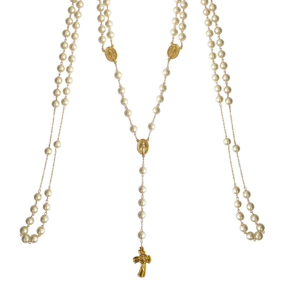 Double Rosary in Italian Alpaca with Gold Plating and White Pearls