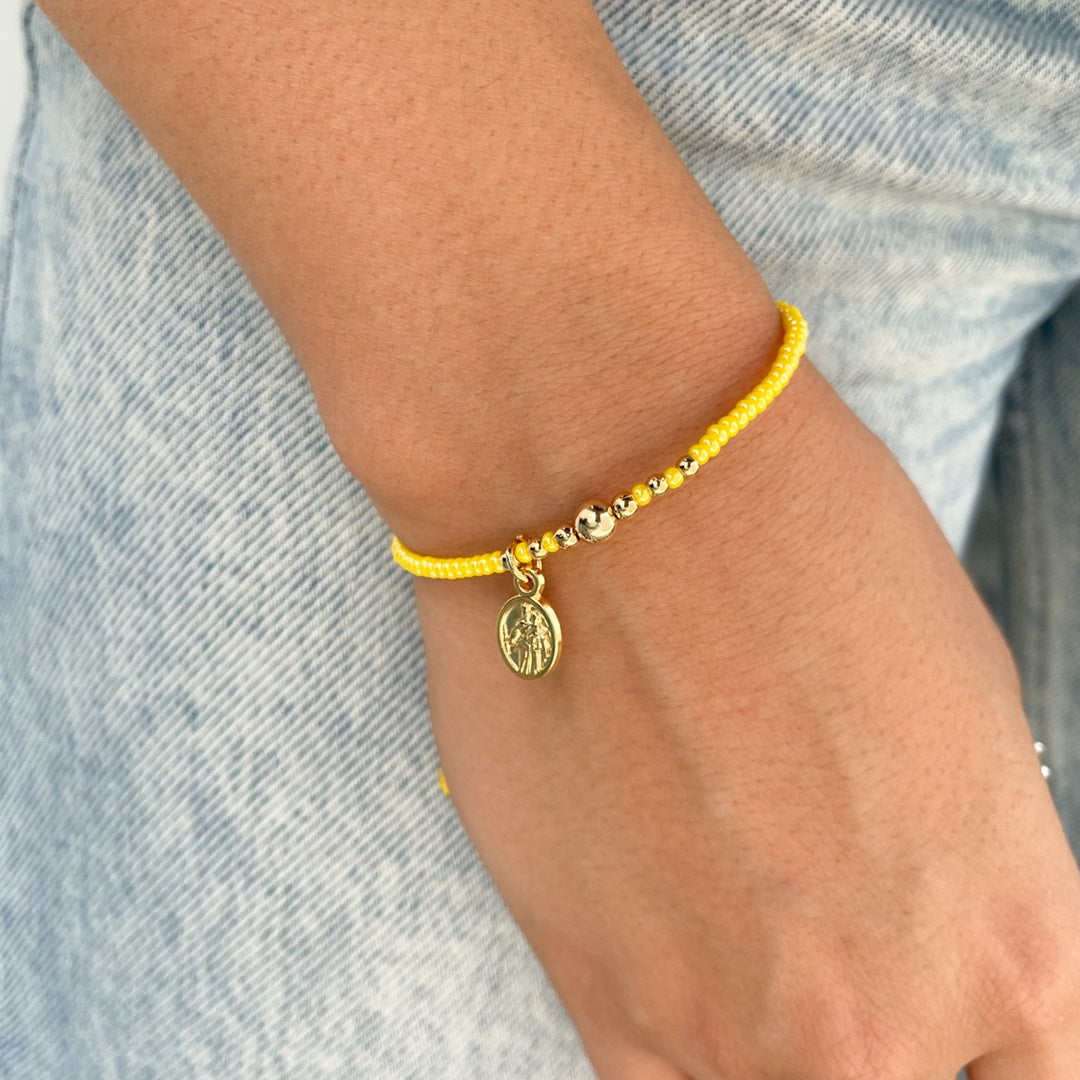 Beaded Bracelet with Waxed Cord and Gold-Plated Medal