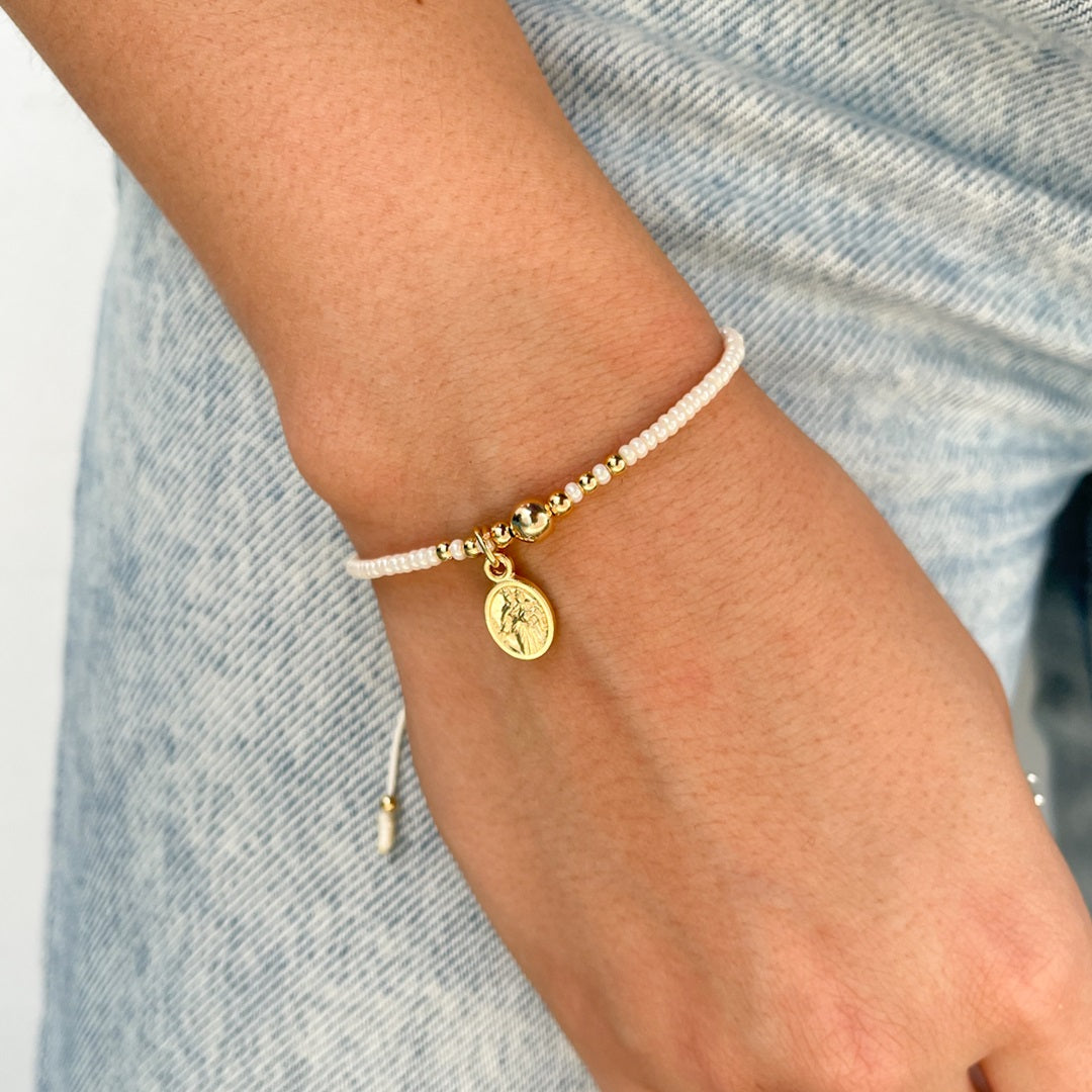 Beaded Bracelet with Waxed Cord and Gold-Plated Medal