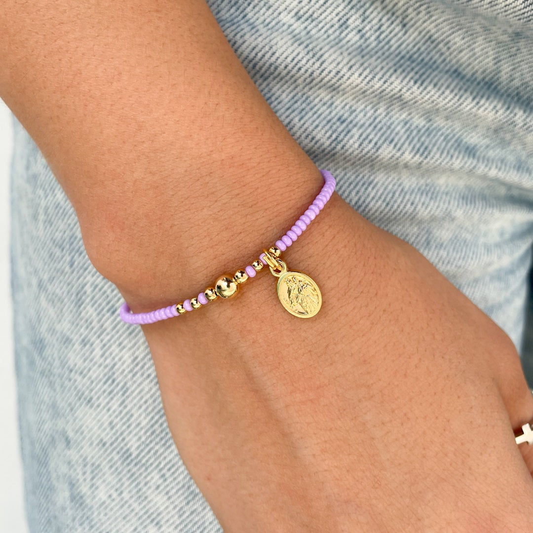 Beaded Bracelet with Waxed Cord and Gold-Plated Medal