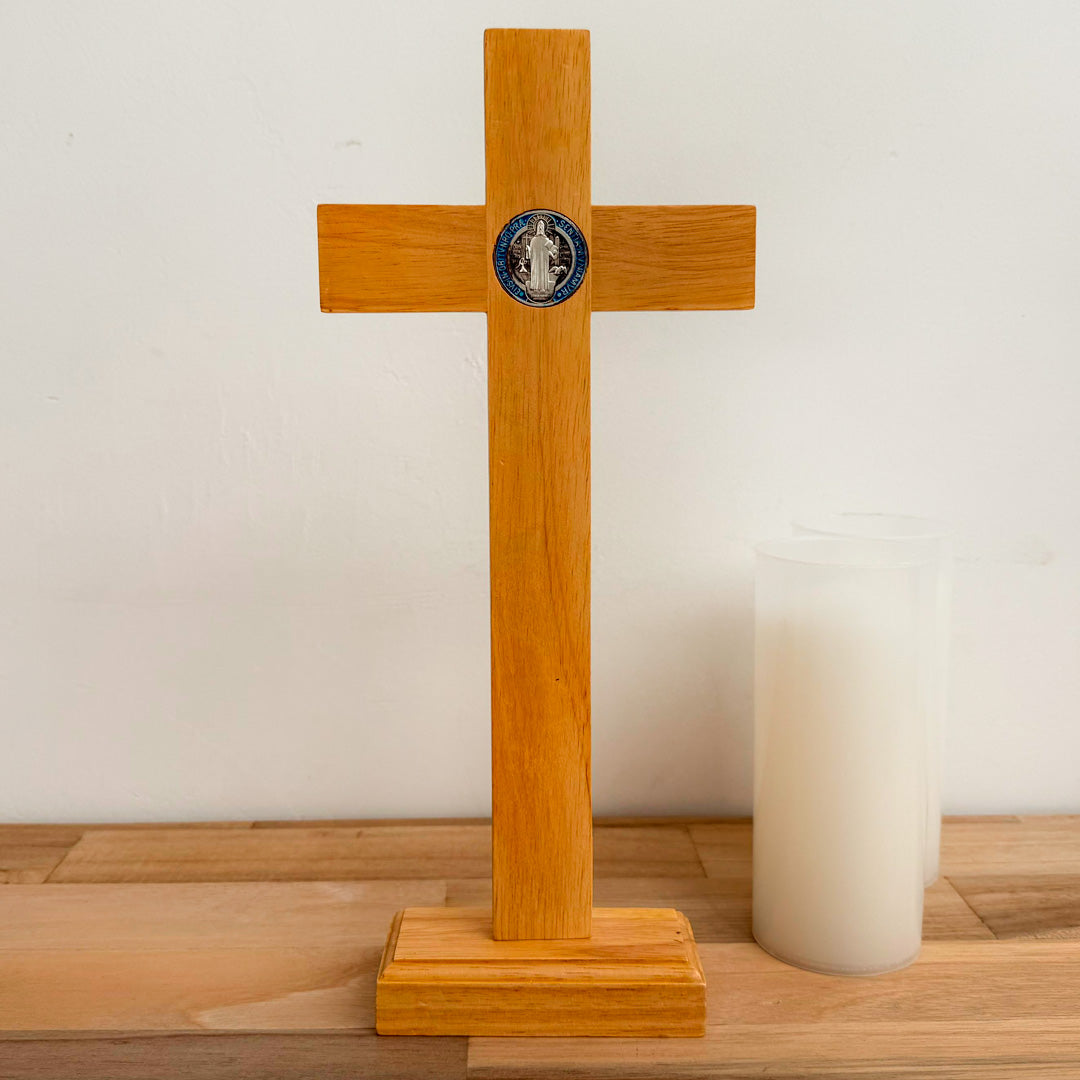 Crucifix with Saint Benedict Medal on Light Wood Base – 13" (33 cm)