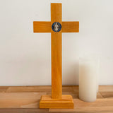 Crucifix with Saint Benedict Medal on Light Wood Base – 13" (33 cm)