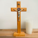 Crucifix with Saint Benedict Medal on Light Wood Base – 13" (33 cm)