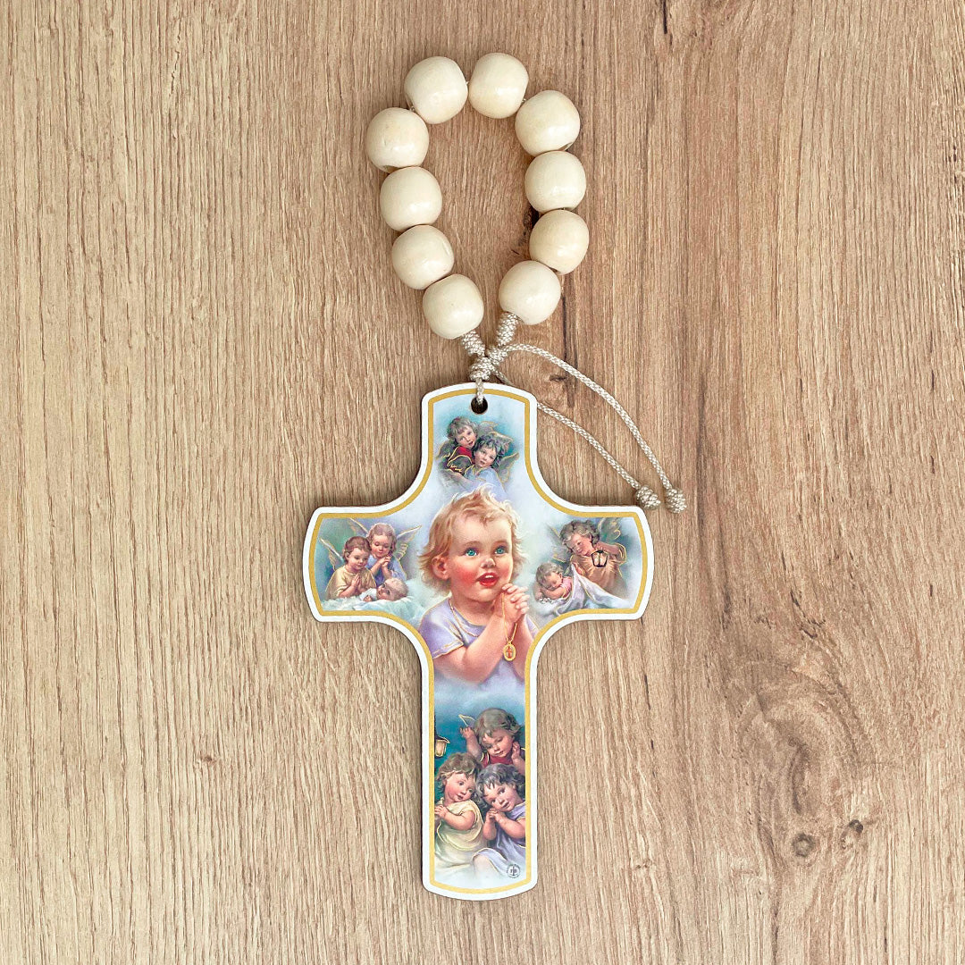 Souvenir Angels Cross in Wood with Rosary x 6 Units