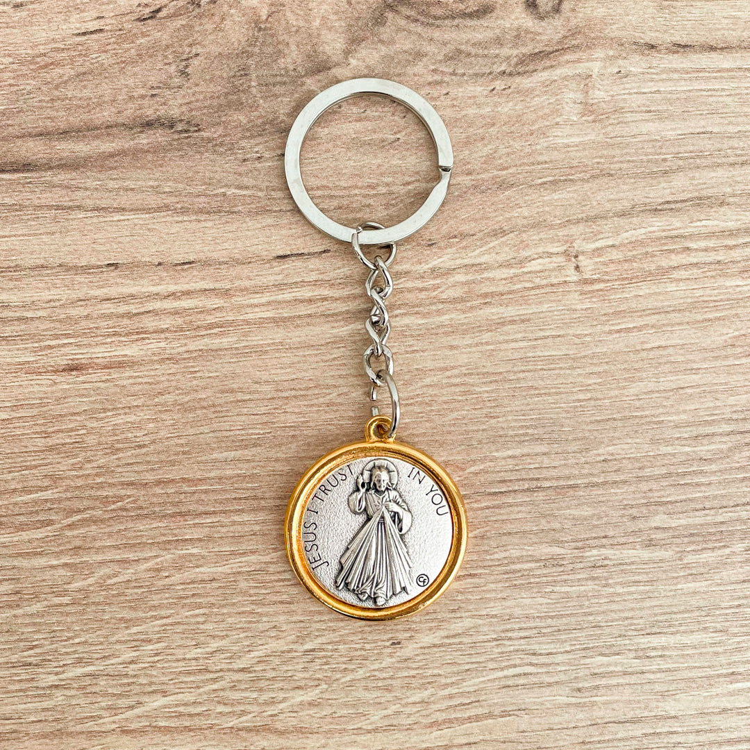 Keychain Bicolor Medal Virgin of Guadalupe and Jesus of Mercy