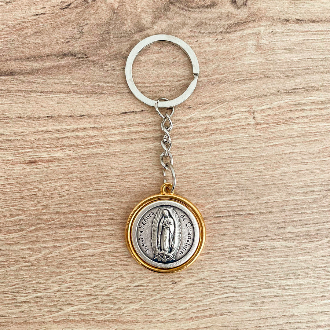 Keychain Bicolor Medal Virgin of Guadalupe and Jesus of Mercy