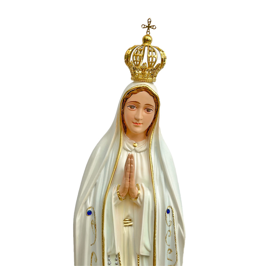 Our Lady of Fatima Statue with White Mantle and Painted Eyes - 19.6” (50 cm)