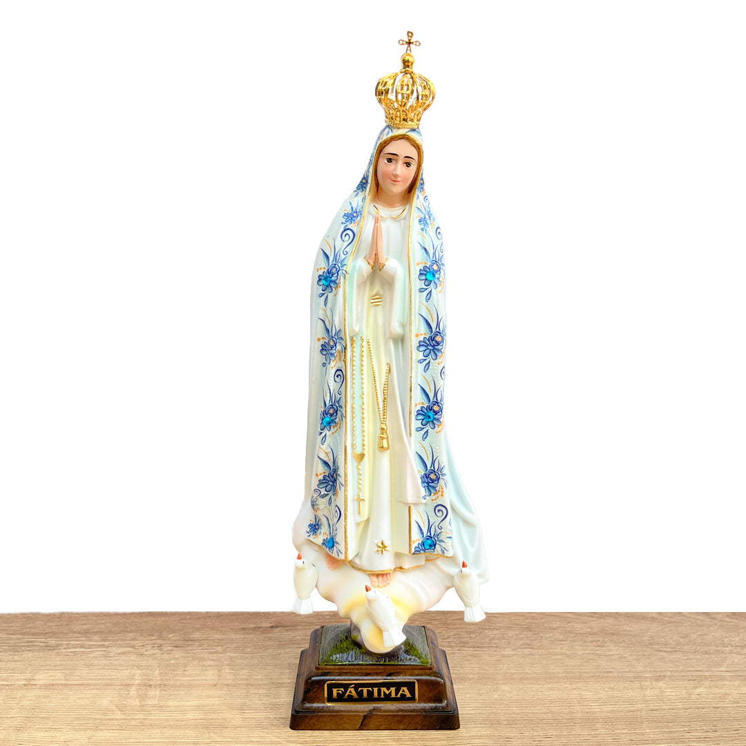 Our Lady of Fatima Statue with Blue Flowers - 11” (28 cm)