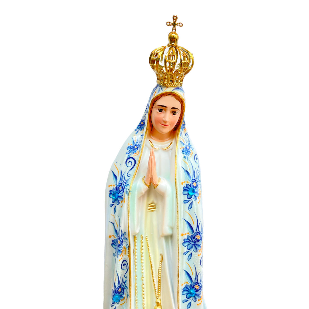 Our Lady of Fatima Statue with Blue Flowers - 11” (28 cm)