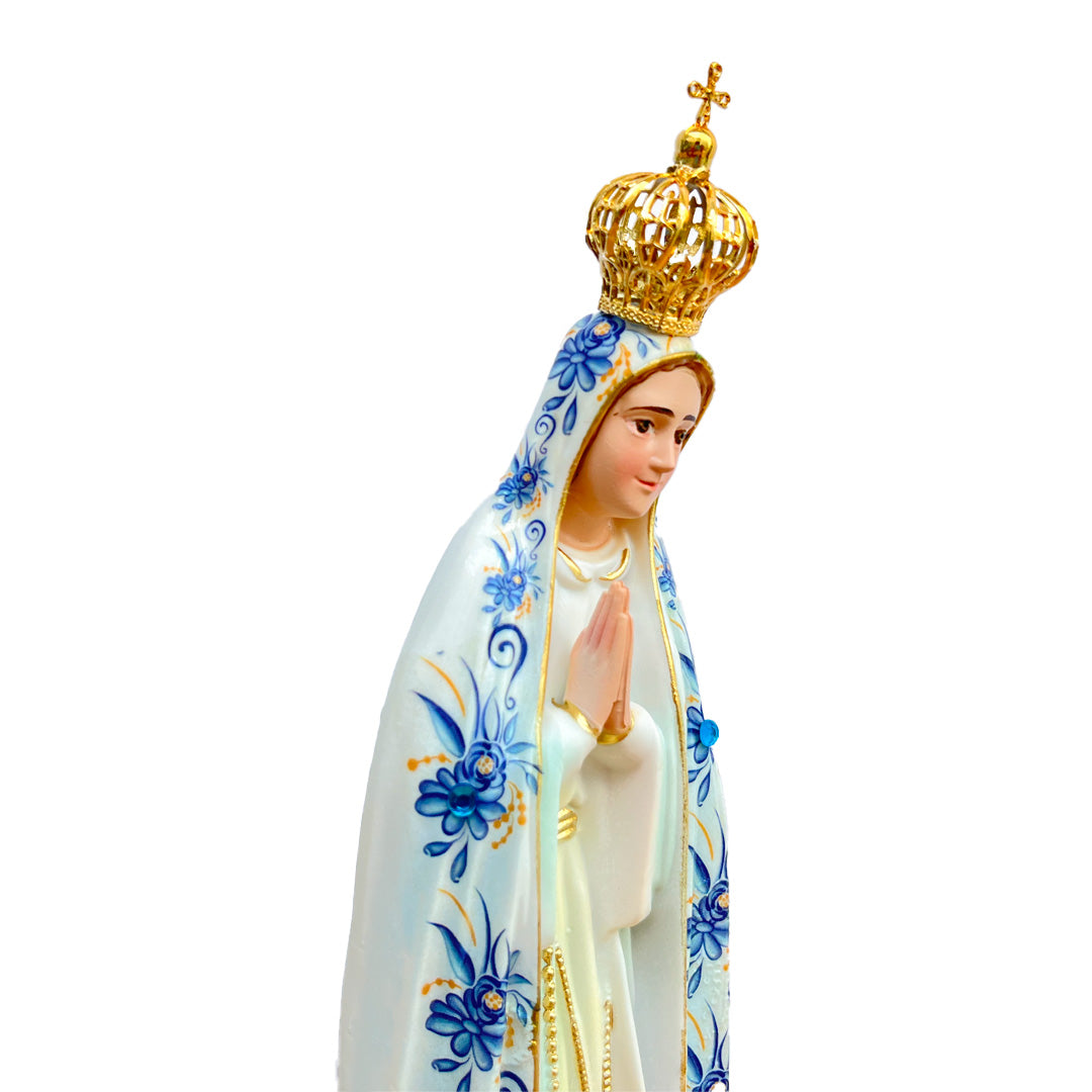 Our Lady of Fatima Statue with Blue Flowers - 11” (28 cm)