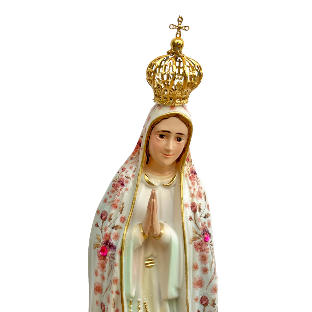 Our Lady of Fatima Statue with Pink Flowers - 11” (28 cm)