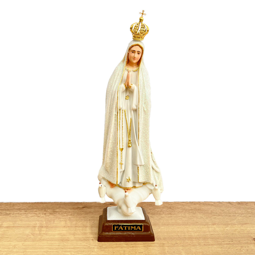 Our Lady of Fatima Statue with Glittered Mantle and Hand-Painted Eyes - 11” (28 cm)