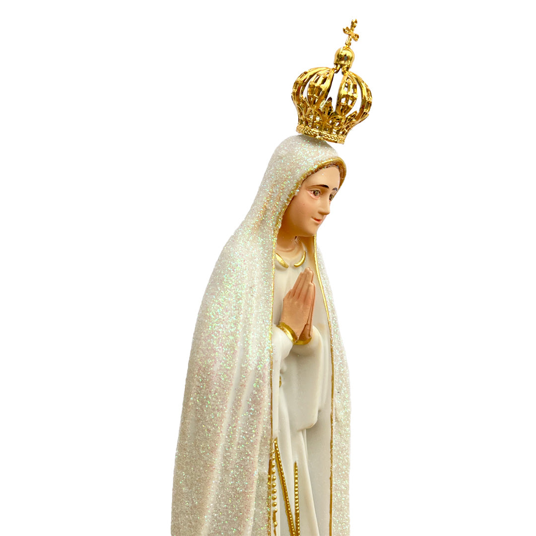 Our Lady of Fatima Statue with Glittered Mantle and Hand-Painted Eyes - 11” (28 cm)