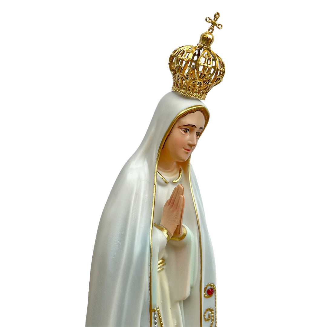 Our Lady of Fatima Statue with White Mantle and Painted Eyes - 11” (28 cm)