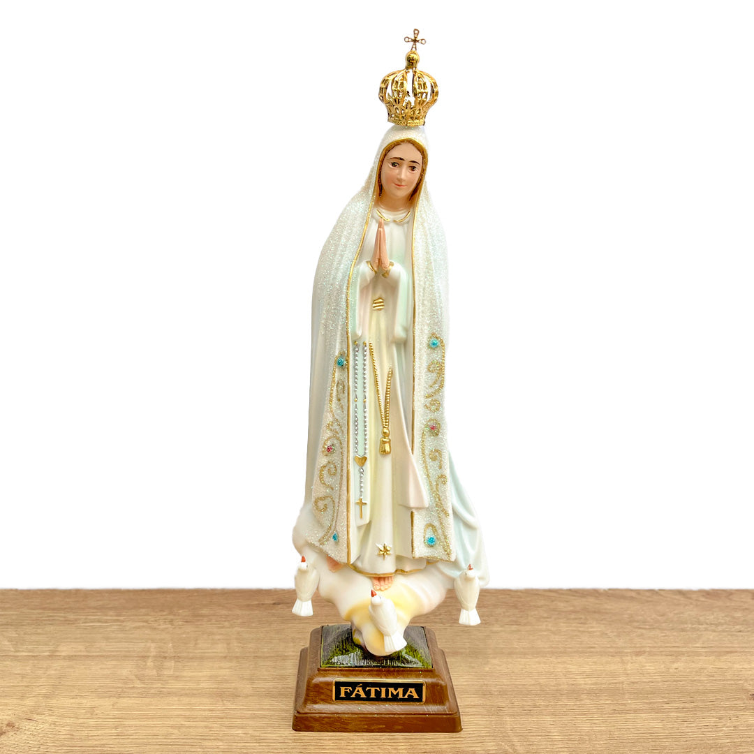 Our Lady of Fatima Statue with White Mantle and Glitter Details, Hand-Painted Eyes - 11” (28 cm)