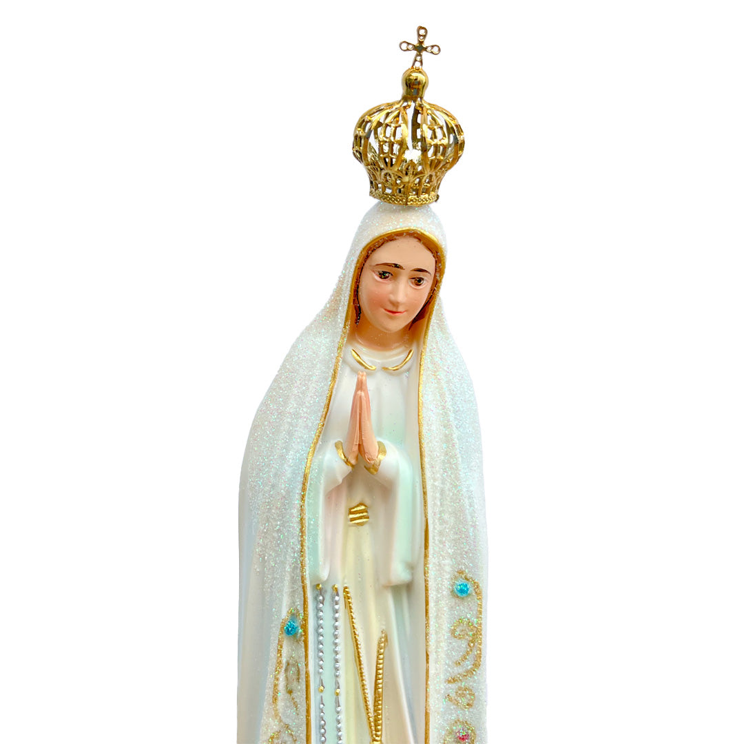 Our Lady of Fatima Statue with White Mantle and Glitter Details, Hand-Painted Eyes - 11” (28 cm)