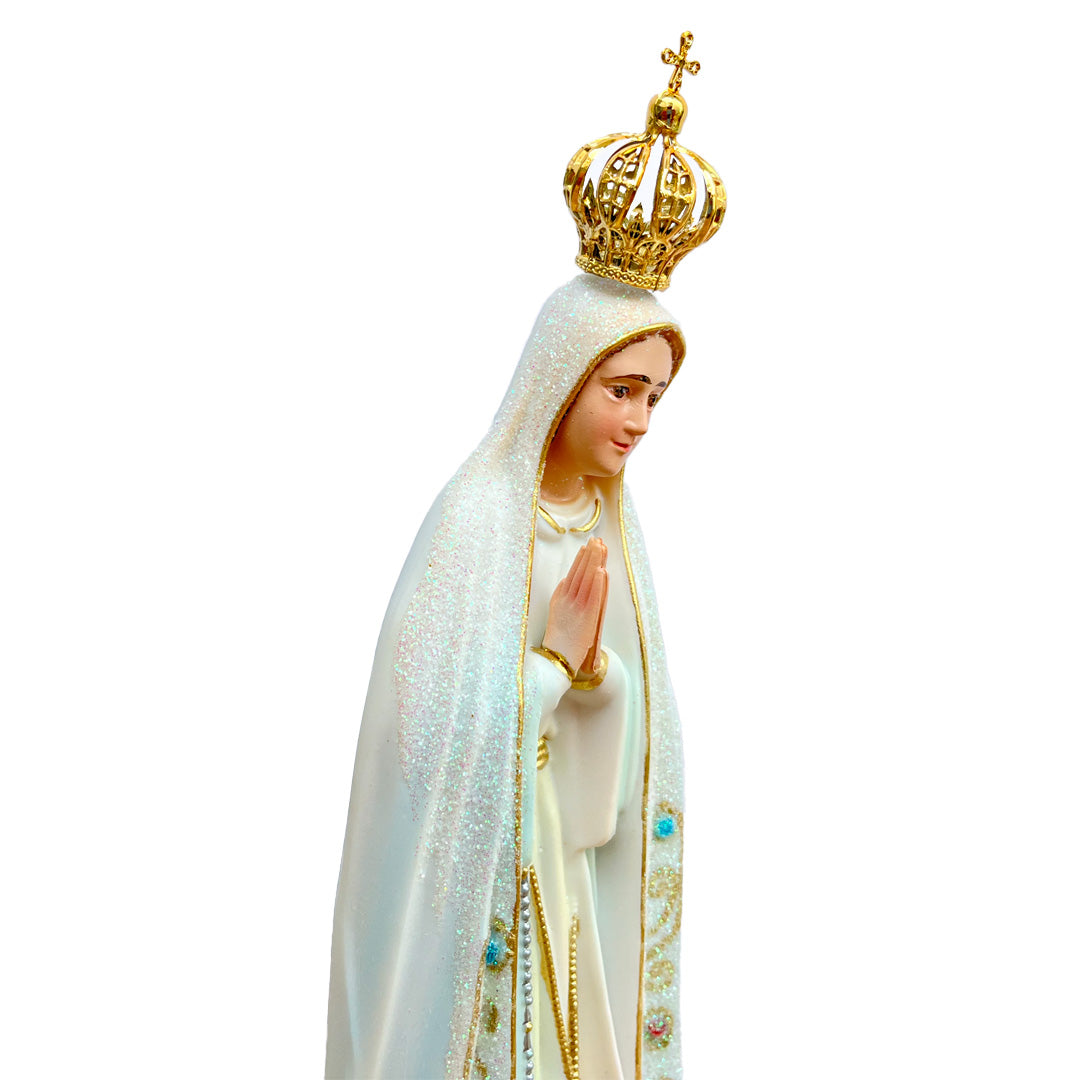 Our Lady of Fatima Statue with White Mantle and Glitter Details, Hand-Painted Eyes - 11” (28 cm)