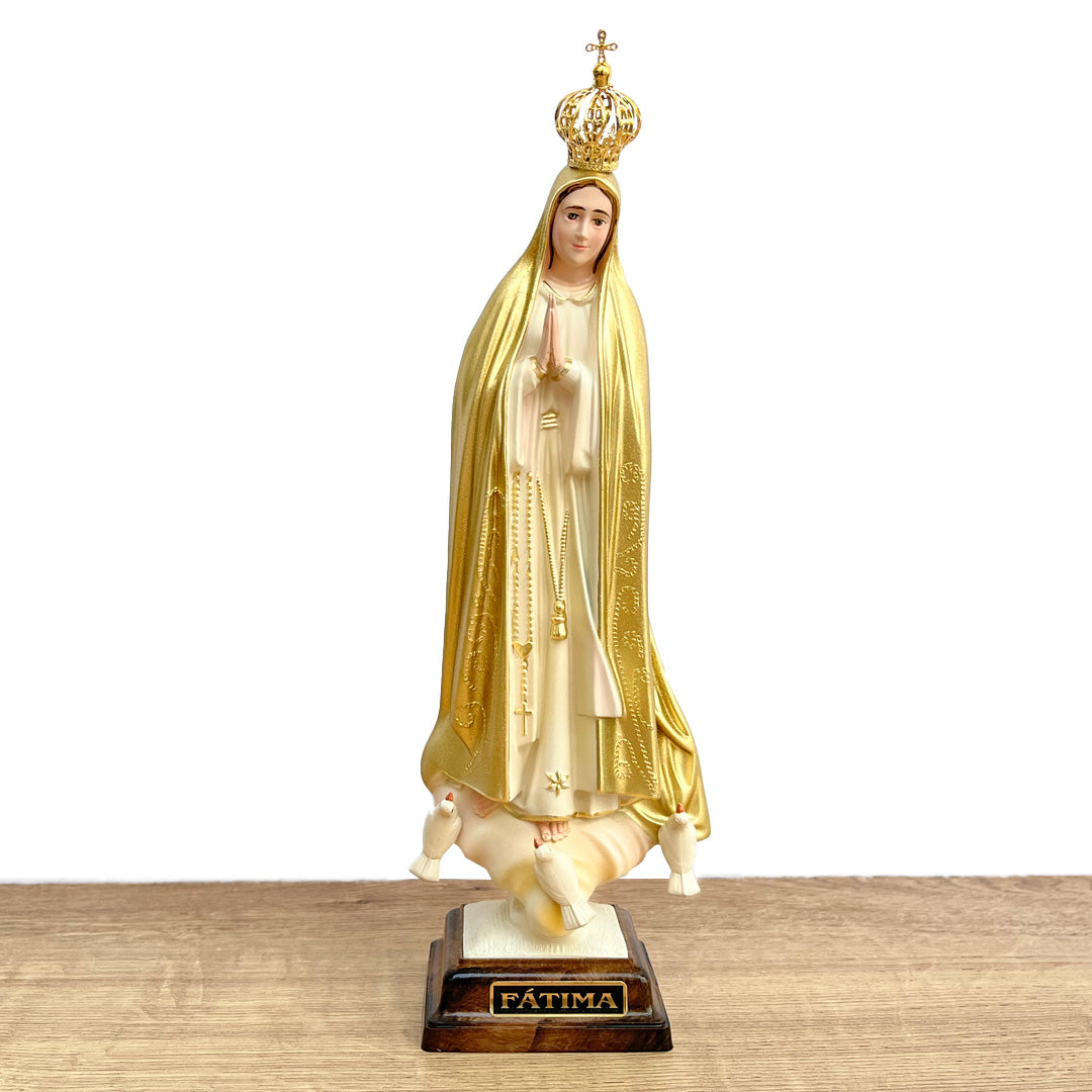 Our Lady of Fatima Statue with Golden Mantle - 11” (28 cm)