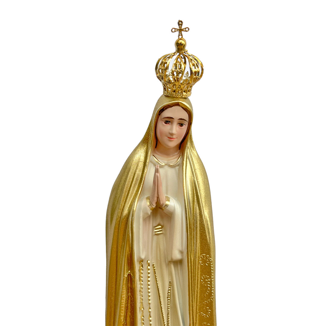 Our Lady of Fatima Statue with Golden Mantle - 11” (28 cm)