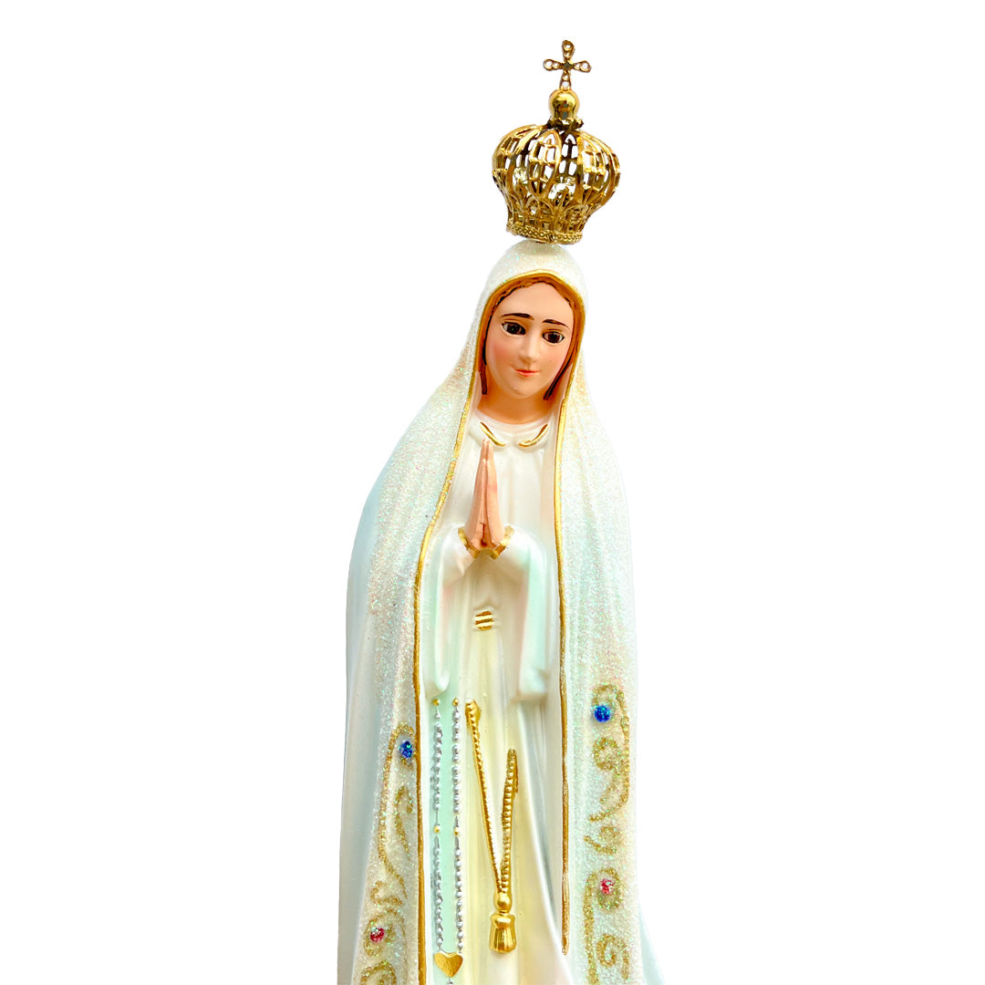 Our Lady of Fatima Statue with White Mantle and Glitter Details - 11” (28 cm)