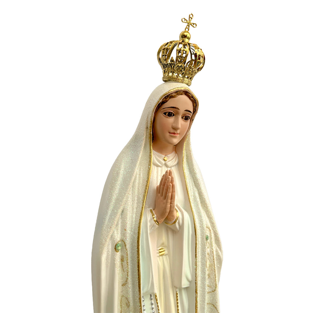 Our Lady of Fatima Statue with White Mantle and Glitter Details - 19.6” (50 cm)