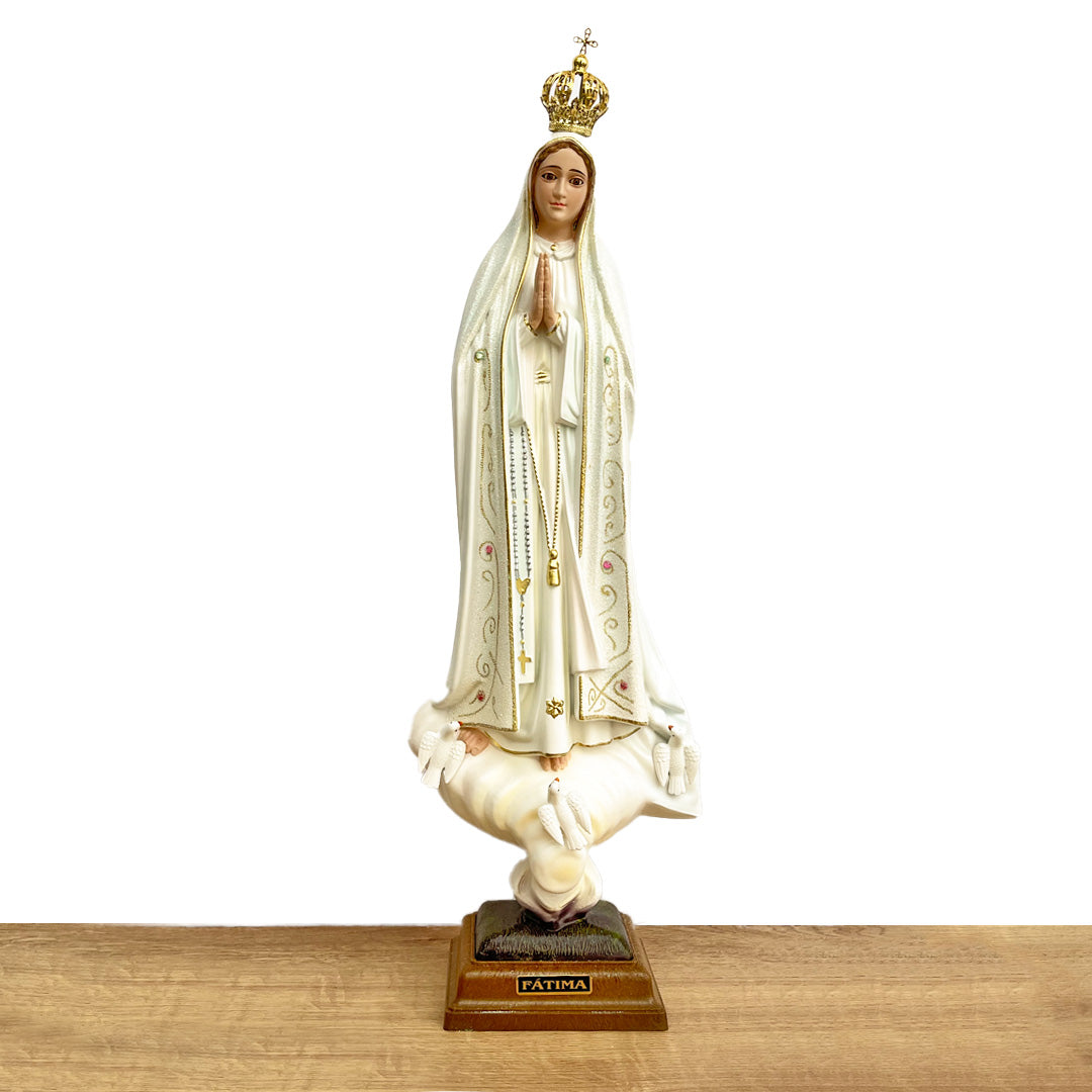 Our Lady of Fatima Statue with White Mantle and Glitter Details - 19.6” (50 cm)