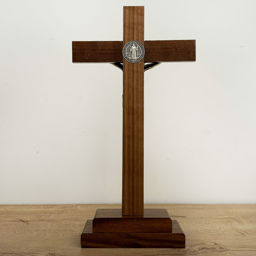 Christ with Saint Benedict Medal in Dark Wood with Chest Base – 13.39 inches (34 cm)