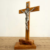 Christ with Saint Benedict Medal in Light Wood with Chest Base – 13.39 inches (34 cm)