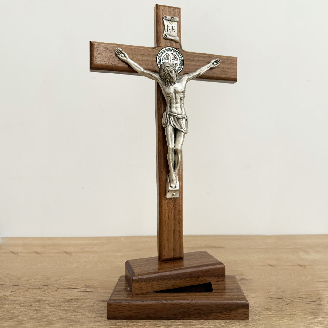 Christ with Saint Benedict Medal in Dark Wood with Chest Base – 13.39 inches (34 cm)