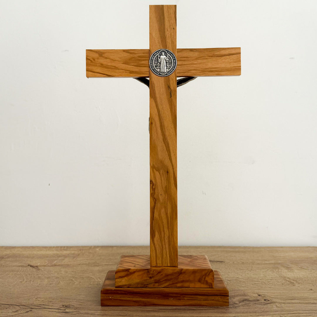 Christ with Saint Benedict Medal in Light Wood with Chest Base – 13.39 inches (34 cm)