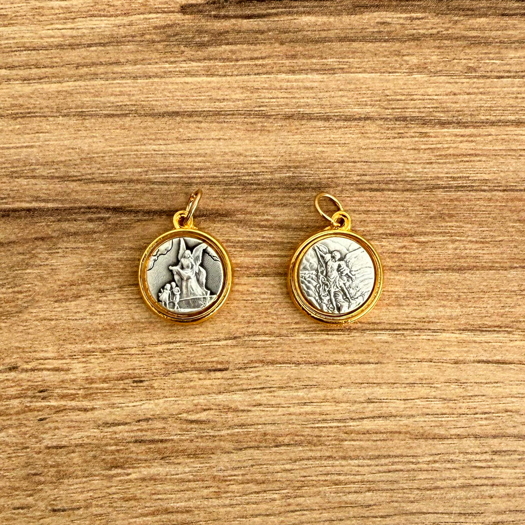 Italian Medallion of Saint Michael the Archangel and Guardian Angel Bicolor 0.6"