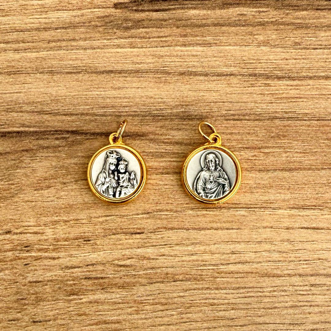 Italian Medallion of Our Lady of Mount Carmel and the Sacred Heart Bicolor 0.6"